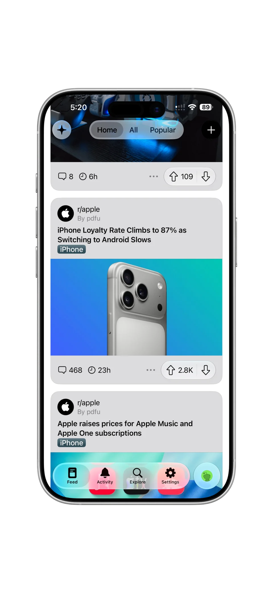 The Helios Home feed on iPhone