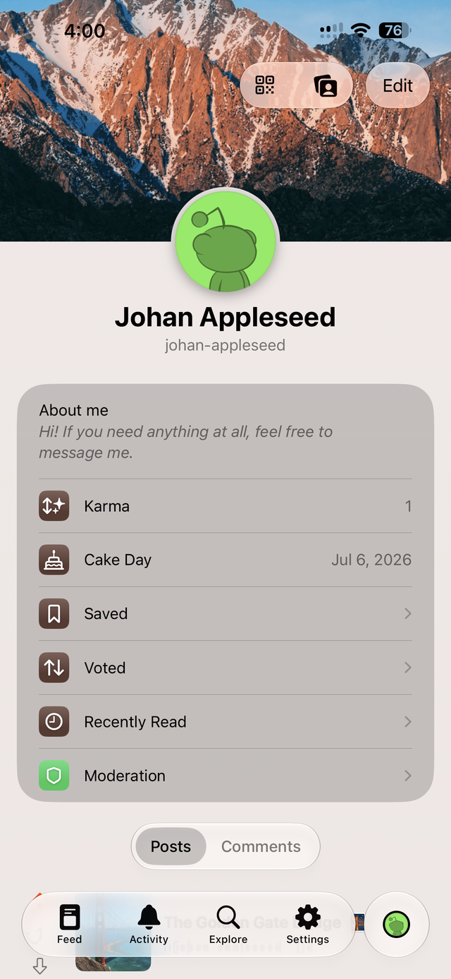 A Reddit user profile in Helios