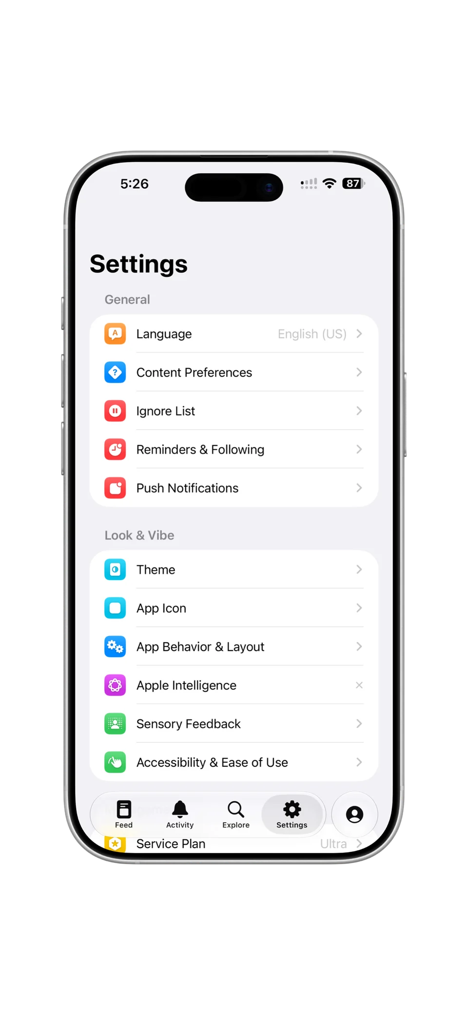 The Helios settings screen